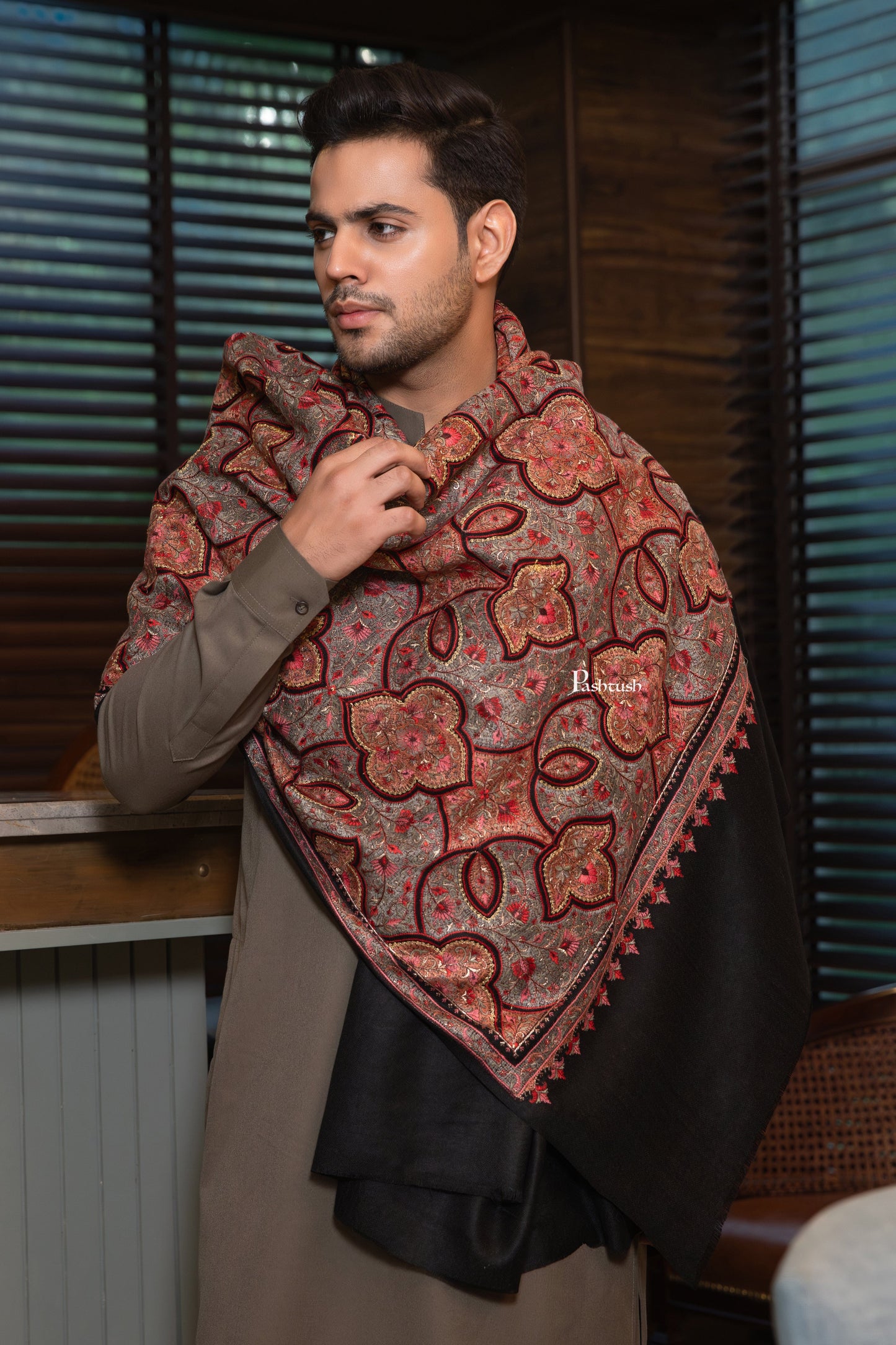 Pashtush India Mens Scarves Stoles and Mufflers Pashtush Mens Extra Fine Wool Shawl, Nalki Embroidery  Design, Black
