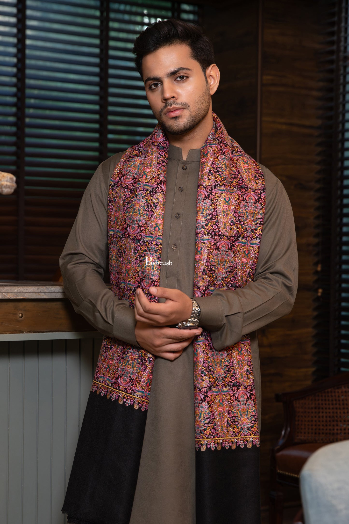 Pashtush India Mens Scarves Stoles and Mufflers Pashtush Mens Extra Fine Wool Shawl, Nalki Embroidery  Design, Black