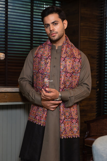 Pashtush India Mens Scarves Stoles and Mufflers Pashtush Mens Extra Fine Wool Shawl, Nalki Embroidery  Design, Black