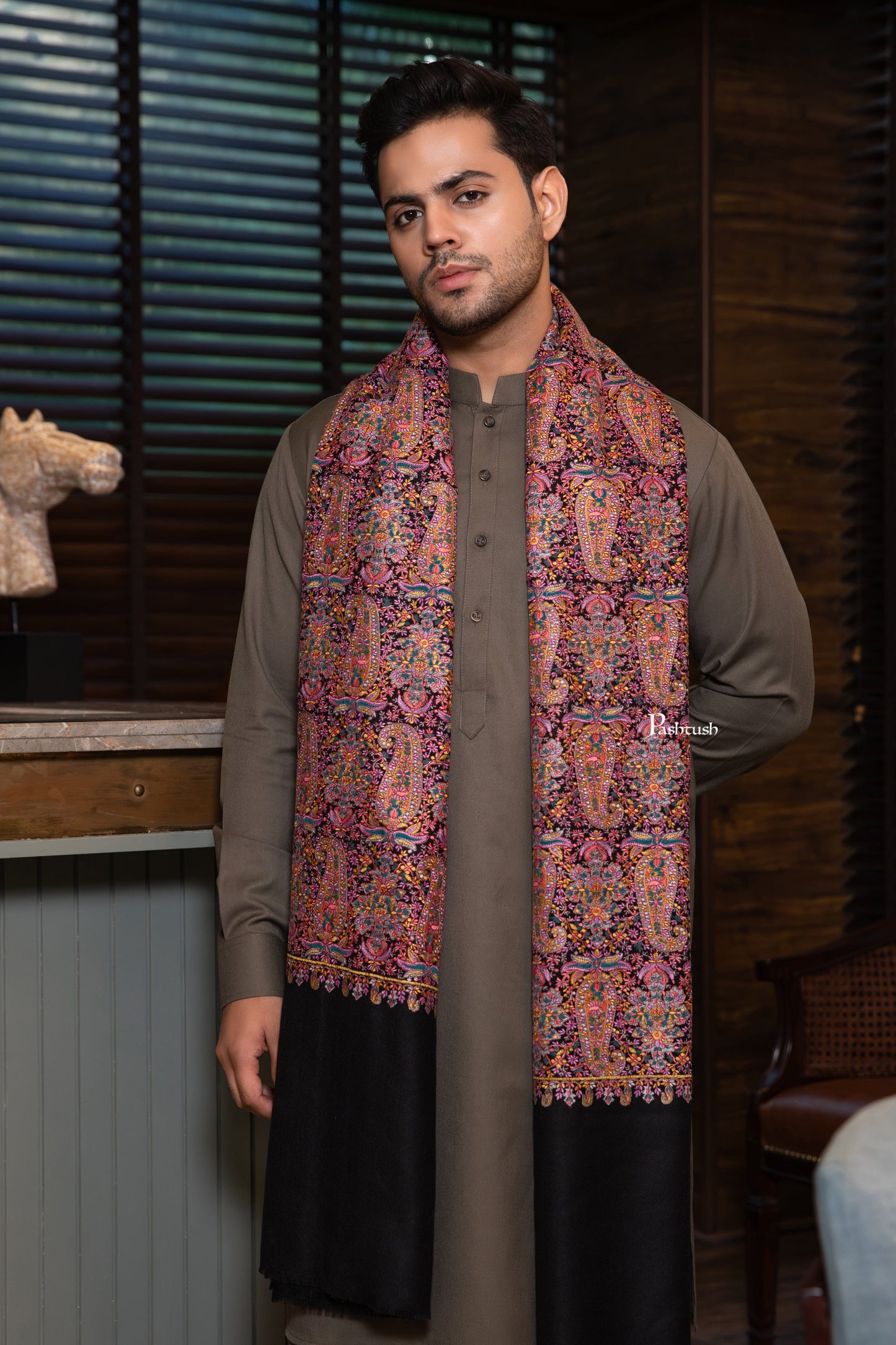 Pashtush India Mens Scarves Stoles and Mufflers Pashtush Mens Extra Fine Wool Shawl, Nalki Embroidery  Design, Black