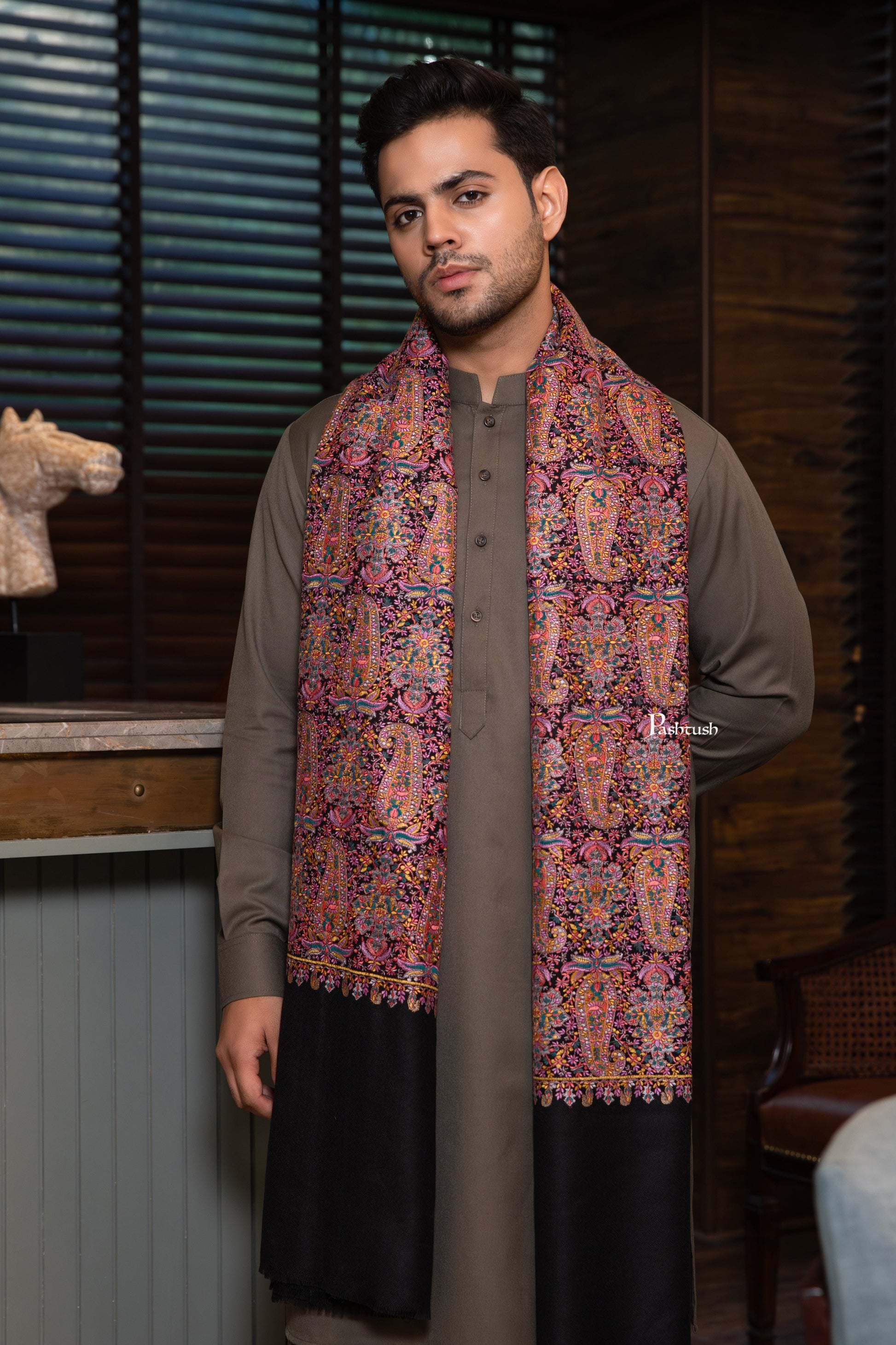 Pashtush India Mens Scarves Stoles and Mufflers Pashtush Mens Extra Fine Wool Shawl, Nalki Embroidery  Design, Black