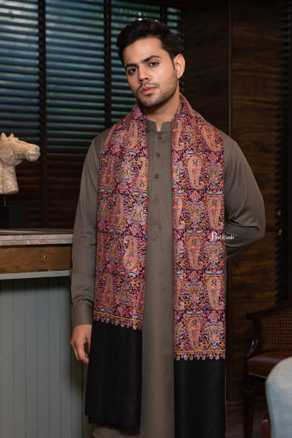 Pashtush India Mens Scarves Stoles and Mufflers Pashtush Mens Extra Fine Wool Shawl, Nalki Embroidery  Design, Black