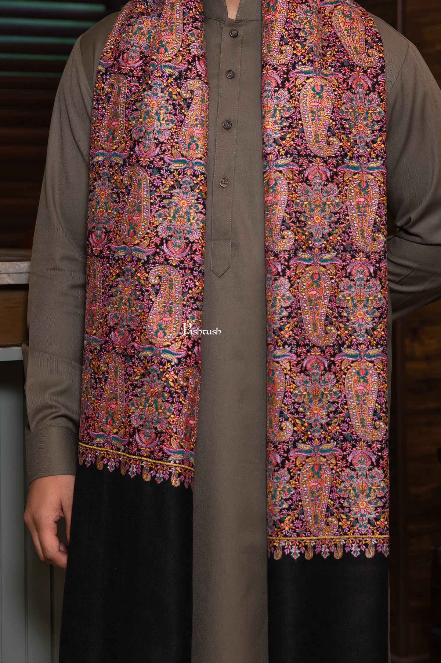Pashtush India Mens Scarves Stoles and Mufflers Pashtush Mens Extra Fine Wool Shawl, Nalki Embroidery  Design, Black