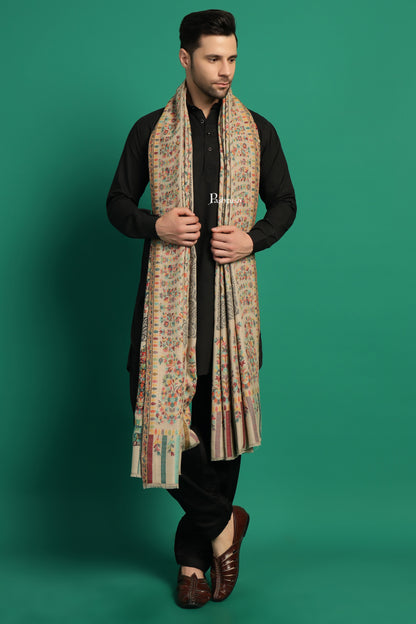 Pashtush India Mens Shawls Gents Shawl Pashtush Mens Extra Fine Wool Shawl, Paisley Design, Beige
