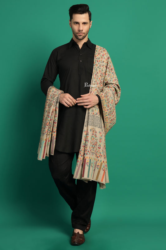 Pashtush India Mens Shawls Gents Shawl Pashtush Mens Extra Fine Wool Shawl, Paisley Design, Beige