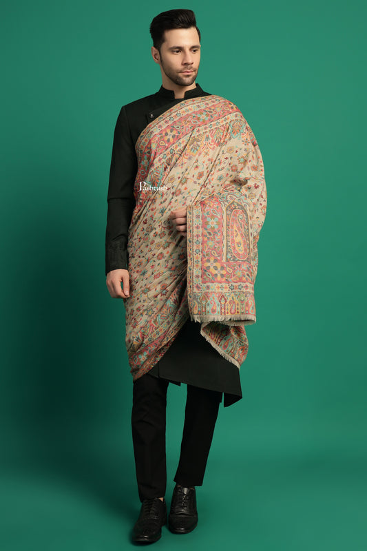 Pashtush India Mens Shawls Gents Shawl Pashtush Mens Extra Fine Wool Shawl, Paisley Design, Beige