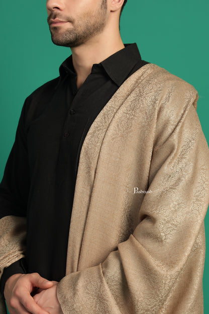 Pashtush India Mens Shawls Gents Shawl Pashtush Mens Extra Fine Wool Shawl, Paisley Design, Beige