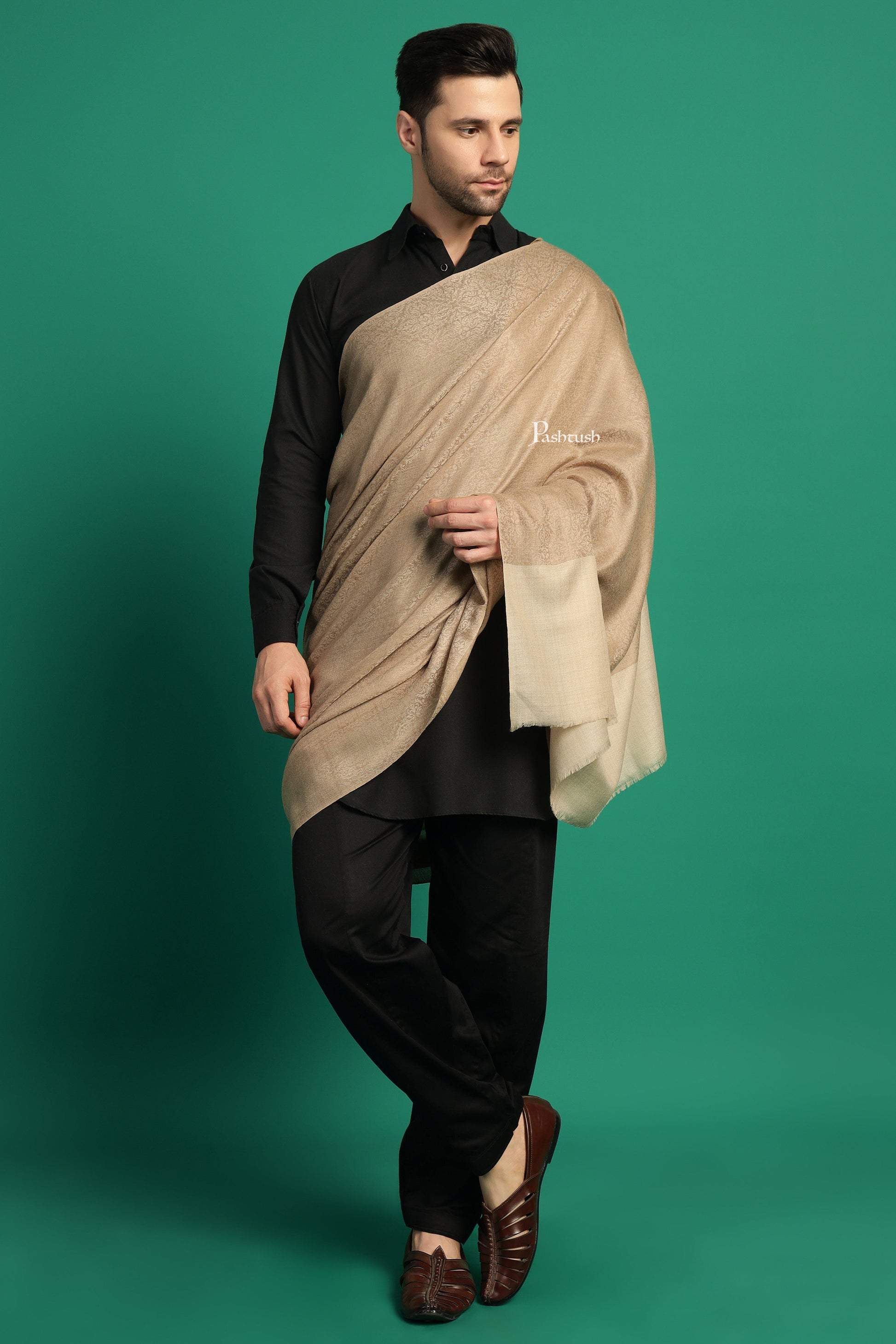 Pashtush India Mens Shawls Gents Shawl Pashtush Mens Extra Fine Wool Shawl, Paisley Design, Beige