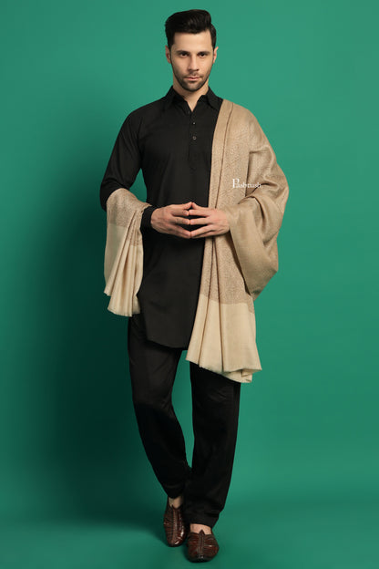 Pashtush India Mens Shawls Gents Shawl Pashtush Mens Extra Fine Wool Shawl, Paisley Design, Beige