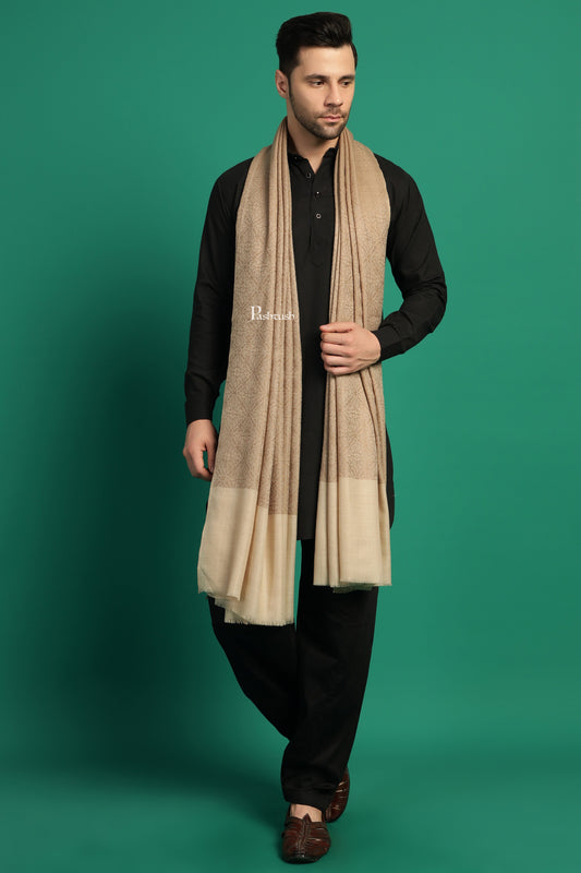Pashtush India Mens Shawls Gents Shawl Pashtush Mens Extra Fine Wool Shawl, Paisley Design, Beige
