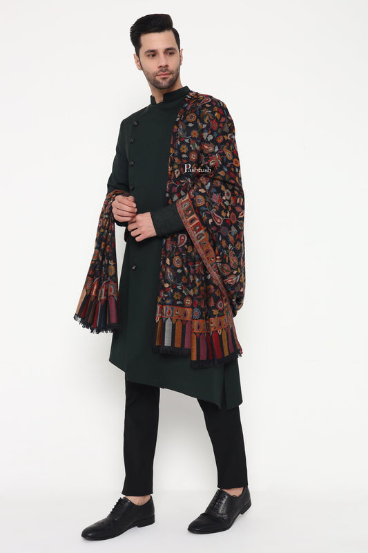 Pashtush India Mens Shawls Gents Shawl Pashtush Mens Extra Fine Wool Shawl, Paisley Design, Black