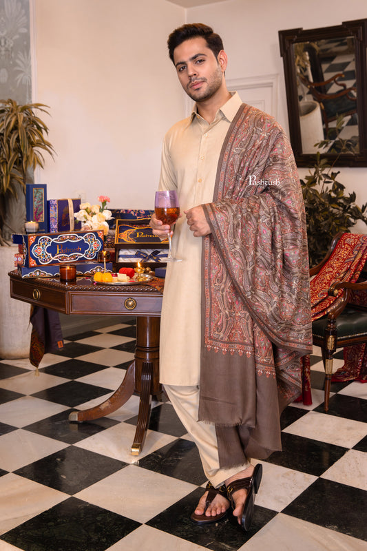 Pashtush India Mens Shawls Gents Shawl Pashtush Mens Extra Fine Wool Shawl, Paisley Design, Taupe