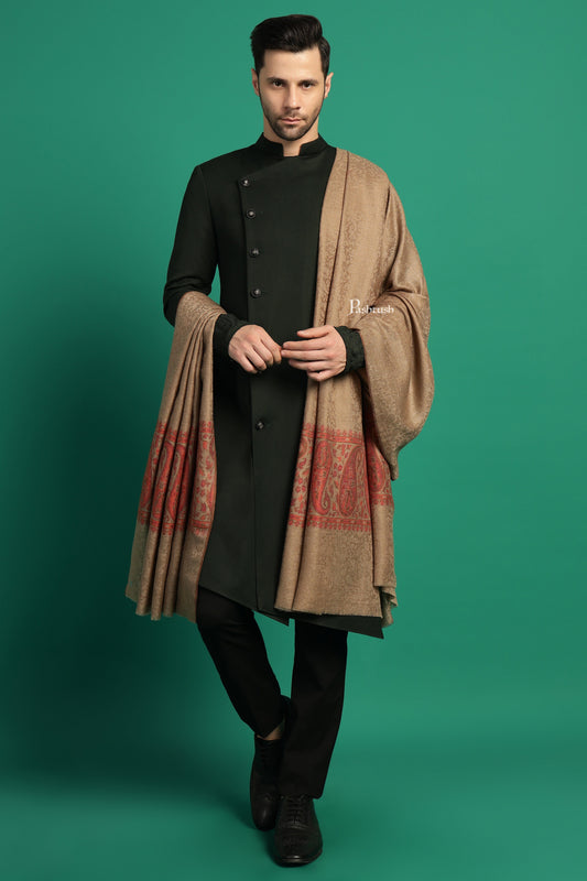 Pashtush India Mens Shawls Gents Shawl Pashtush Mens Extra Fine Wool Shawl, Paisley Design, Taupe
