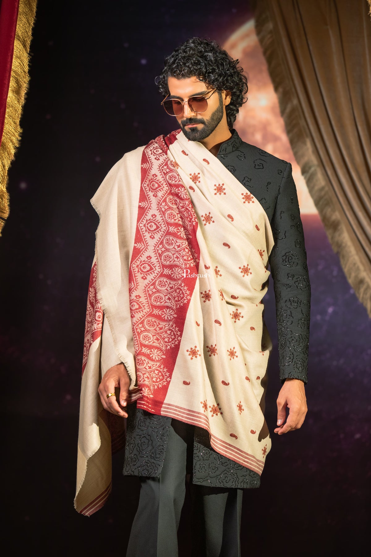 Pashtush India Mens Shawls Gents Shawl Pashtush Mens Extra Fine Wool Shawl, Paisley Embroidery Design, Beige