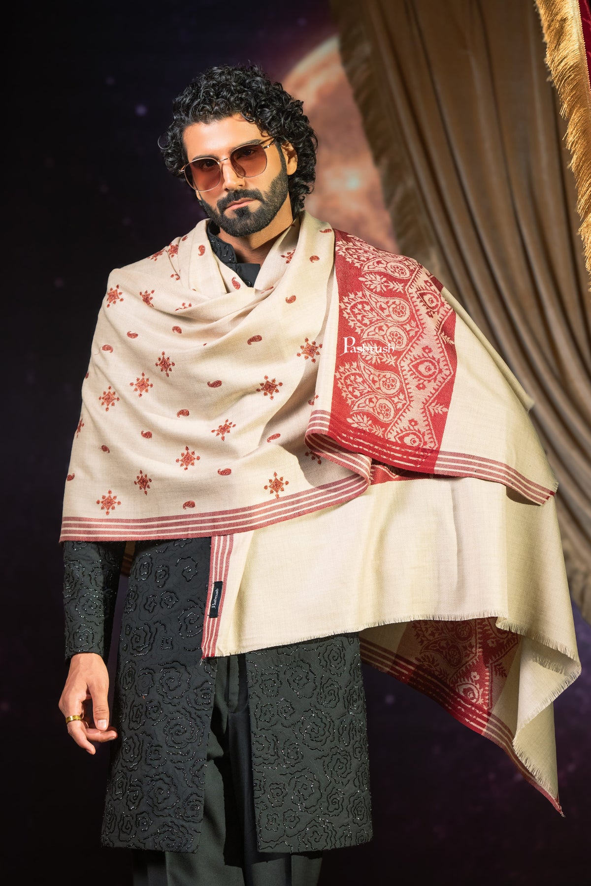 Pashtush India Mens Shawls Gents Shawl Pashtush Mens Extra Fine Wool Shawl, Paisley Embroidery Design, Beige