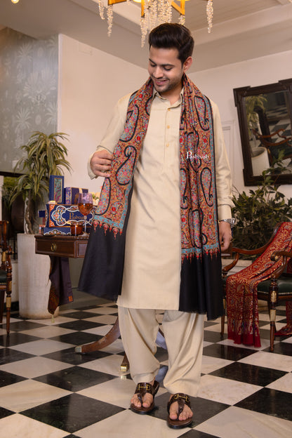 Pashtush India Mens Shawls Gents Shawl Pashtush Mens Extra Fine Wool Shawl, Papier Mache Design, Black
