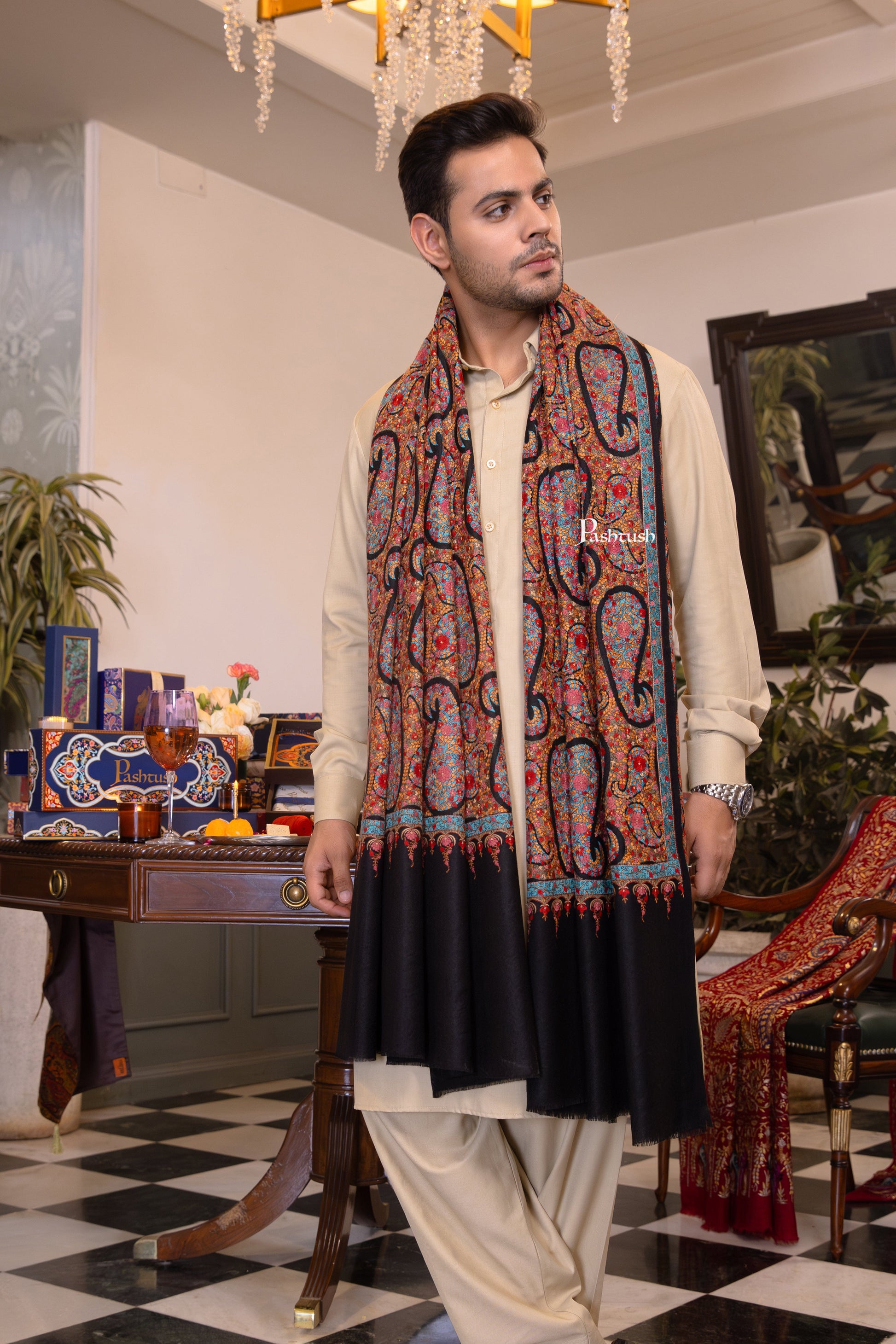 Pashtush India Mens Shawls Gents Shawl Pashtush Mens Extra Fine Wool Shawl, Papier Mache Design, Black