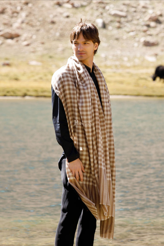 Pashtush India Mens Shawls Gents Shawl Pashtush Mens Extra Fine Wool Shawl, Soft Checkered Weave Design, Taupe
