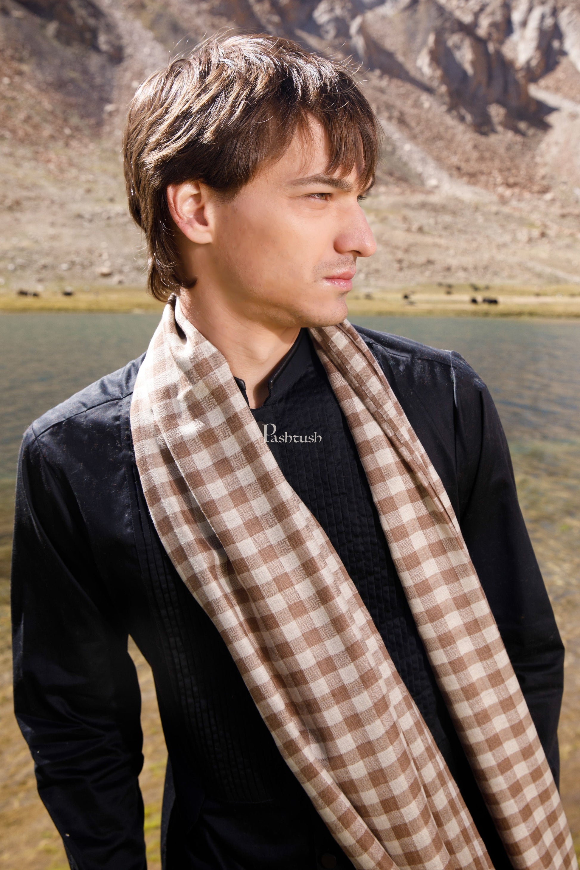 Pashtush India Mens Shawls Gents Shawl Pashtush Mens Extra Fine Wool Shawl, Soft Checkered Weave Design, Taupe