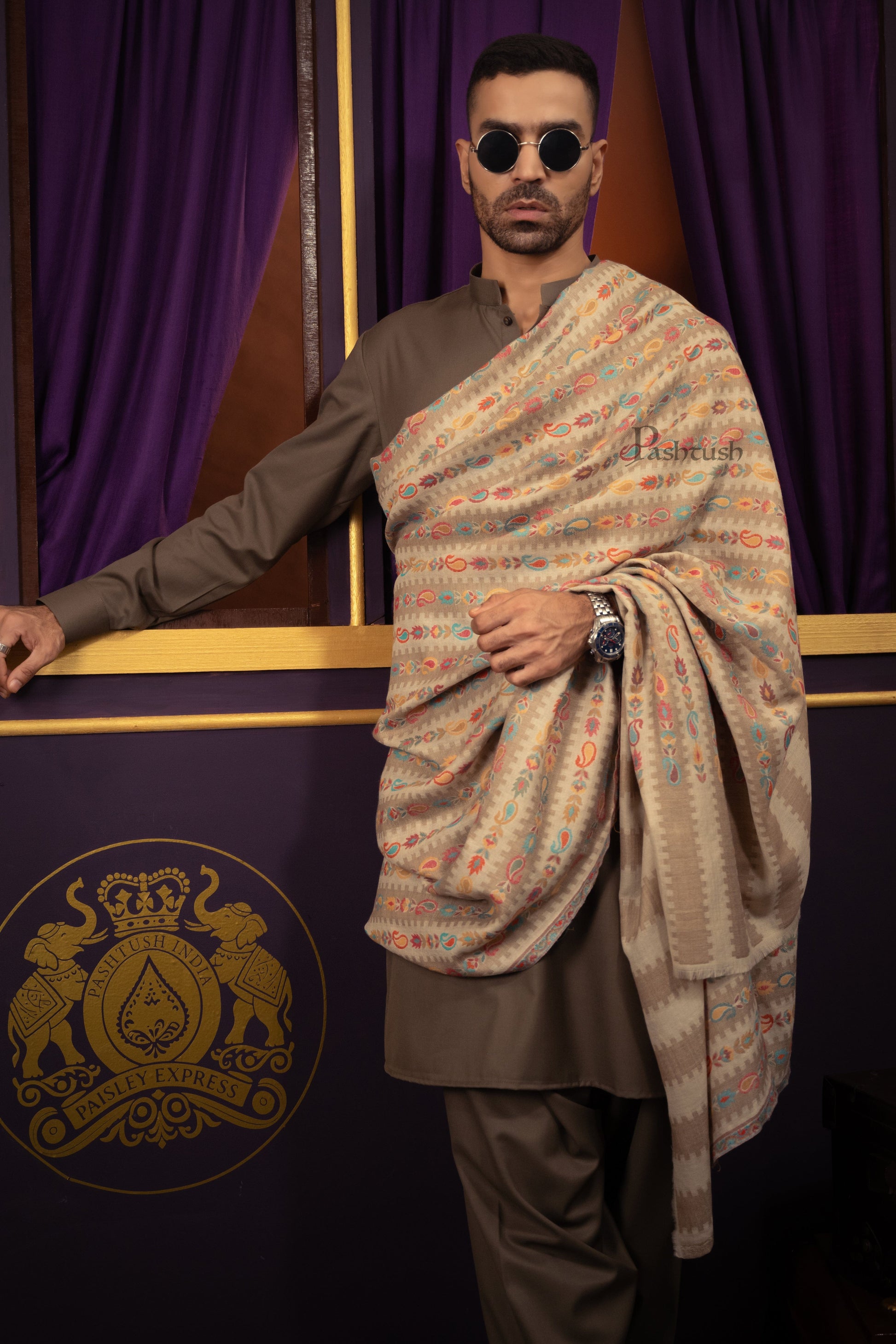 Pashtush India Mens Shawls Gents Shawl Pashtush Mens Extra Fine Wool Shawl, Stripe Weave Design, Beige