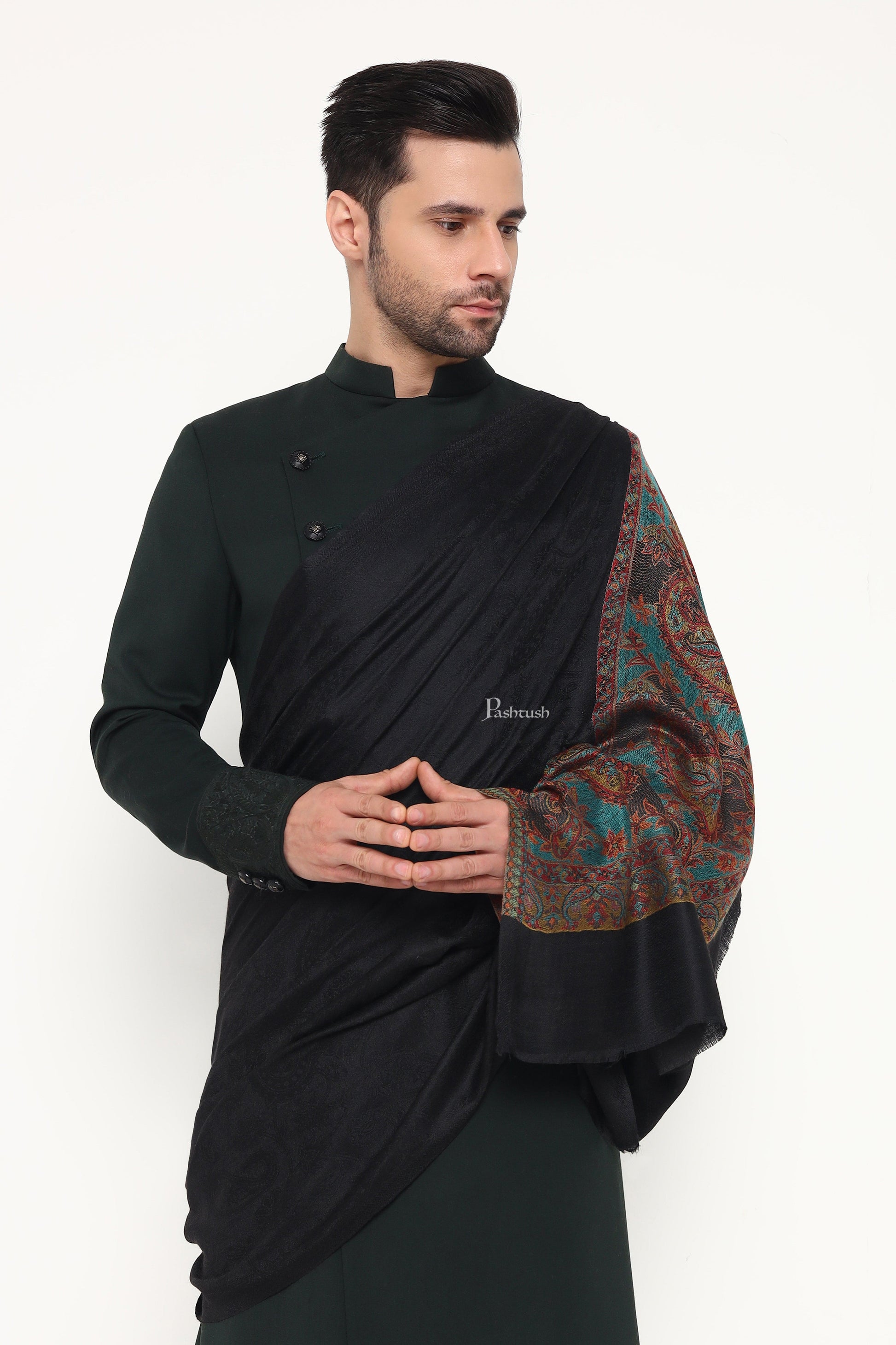 Pashtush India Mens Scarves Stoles and Mufflers Pashtush Mens Extra Fine Wool Stole, Ambi Palla Design, Black