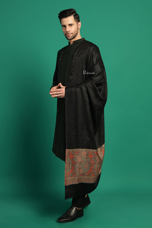 Pashtush India Mens Scarves Stoles and Mufflers Pashtush Mens Extra Fine Wool Stole, Ambi Palla Design, Black