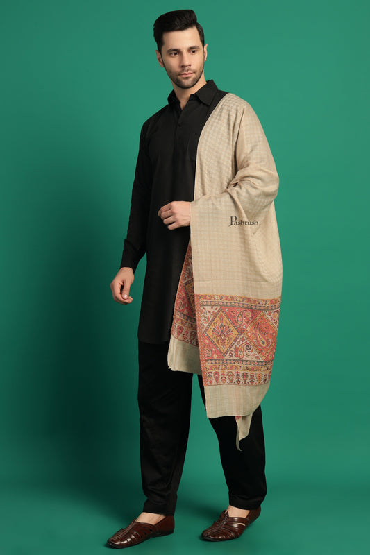 Pashtush India Mens Scarves Stoles and Mufflers Pashtush Mens Extra Fine Wool Stole, Aztec Palla Design, Beige