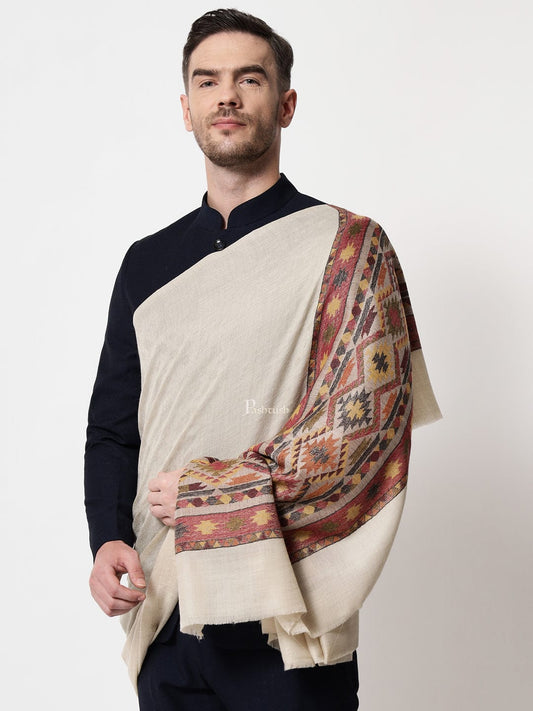 Pashtush India Mens Scarves Stoles and Mufflers Pashtush mens Extra Fine Wool stole, aztec weave design, Beige