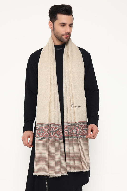 Pashtush India Mens Scarves Stoles and Mufflers Pashtush Mens Extra Fine Wool Stole, Aztec Weave Design, Beige