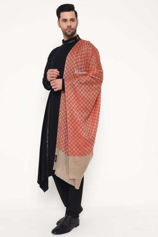 Pashtush India Mens Scarves Stoles and Mufflers Pashtush Mens Extra Fine Wool Stole, Checkerd Design, Orange