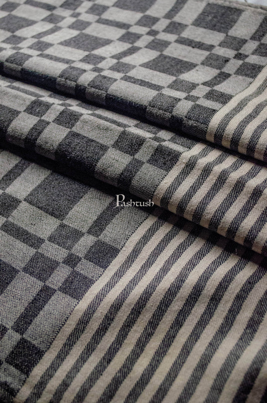 Pashtush India Mens Stoles and Scarves Scarf Pashtush Mens Extra Fine Wool stole, Checkered design, Black