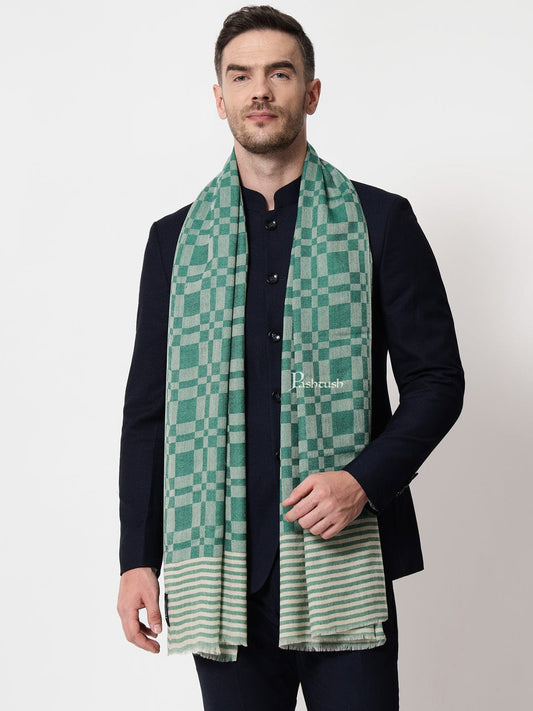 Pashtush India Mens Scarves Stoles and Mufflers Pashtush mens Extra Fine Wool stole, checkered design, Green