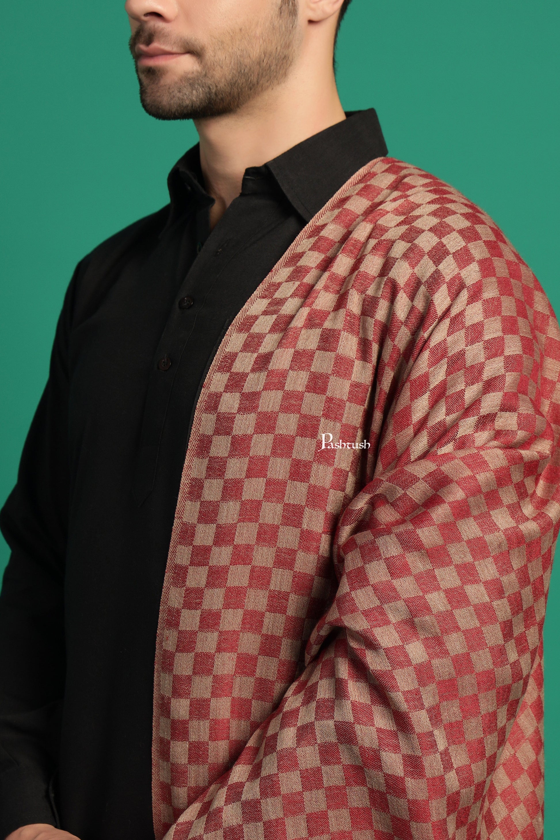 Pashtush India Mens Scarves Stoles and Mufflers Pashtush Mens Extra Fine Wool Stole, Checkered Design, Maroon