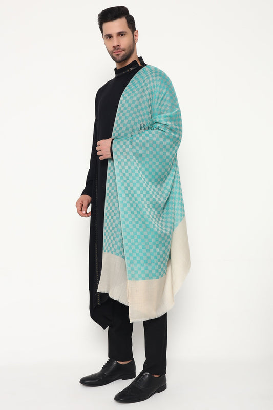 Pashtush India Mens Scarves Stoles and Mufflers Pashtush Mens Extra Fine Wool Stole, Checkered Design, Sea green