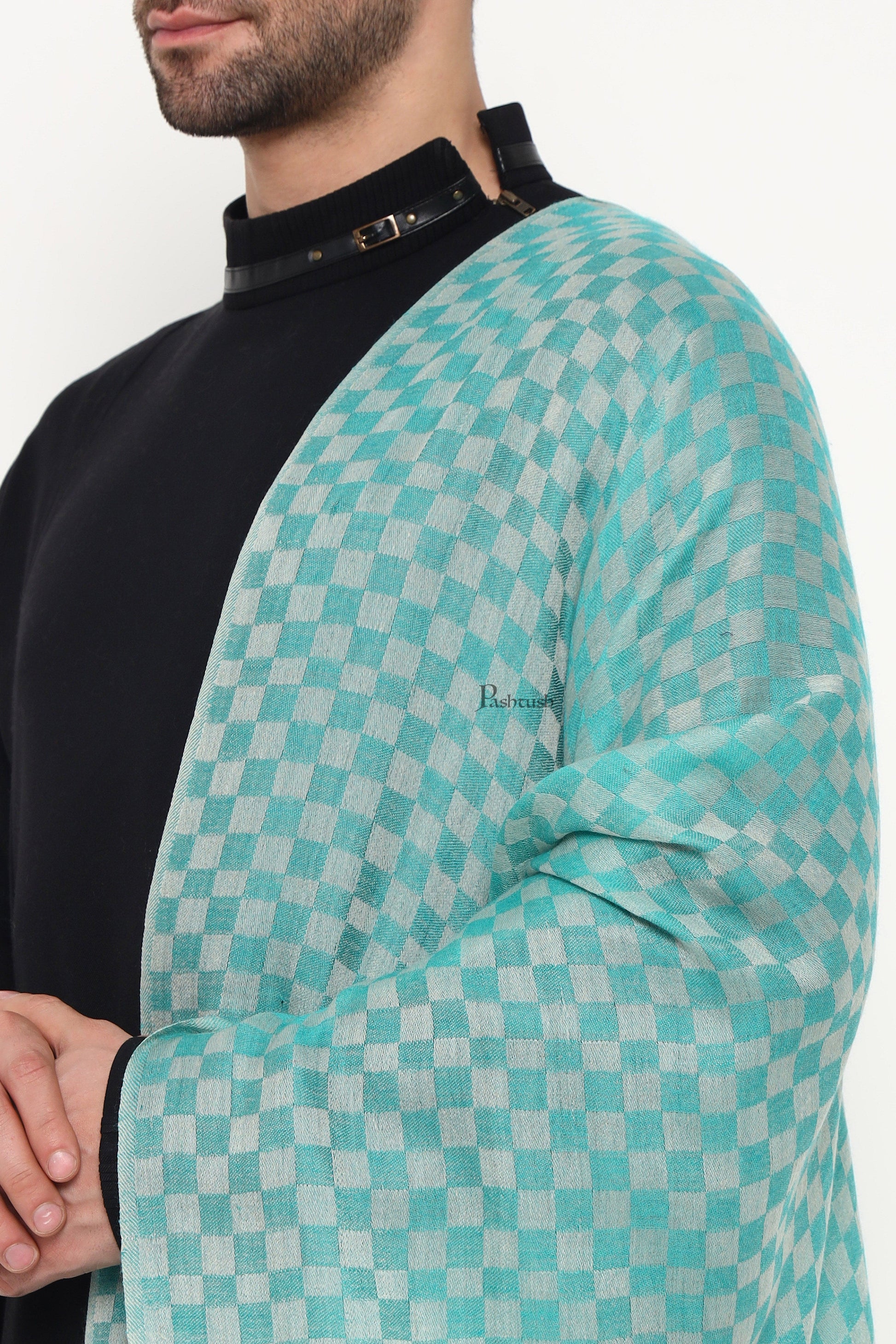 Pashtush India Mens Scarves Stoles and Mufflers Pashtush Mens Extra Fine Wool Stole, Checkered Design, Sea green