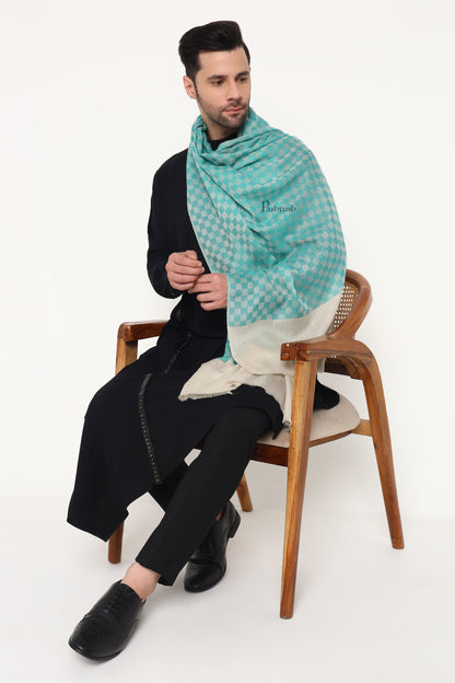 Pashtush India Mens Scarves Stoles and Mufflers Pashtush Mens Extra Fine Wool Stole, Checkered Design, Sea green