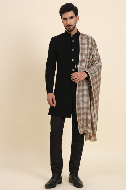 Pashtush India Mens Scarves Stoles and Mufflers Pashtush Mens Extra Fine Wool Stole, Checkered Weave Design, Beige