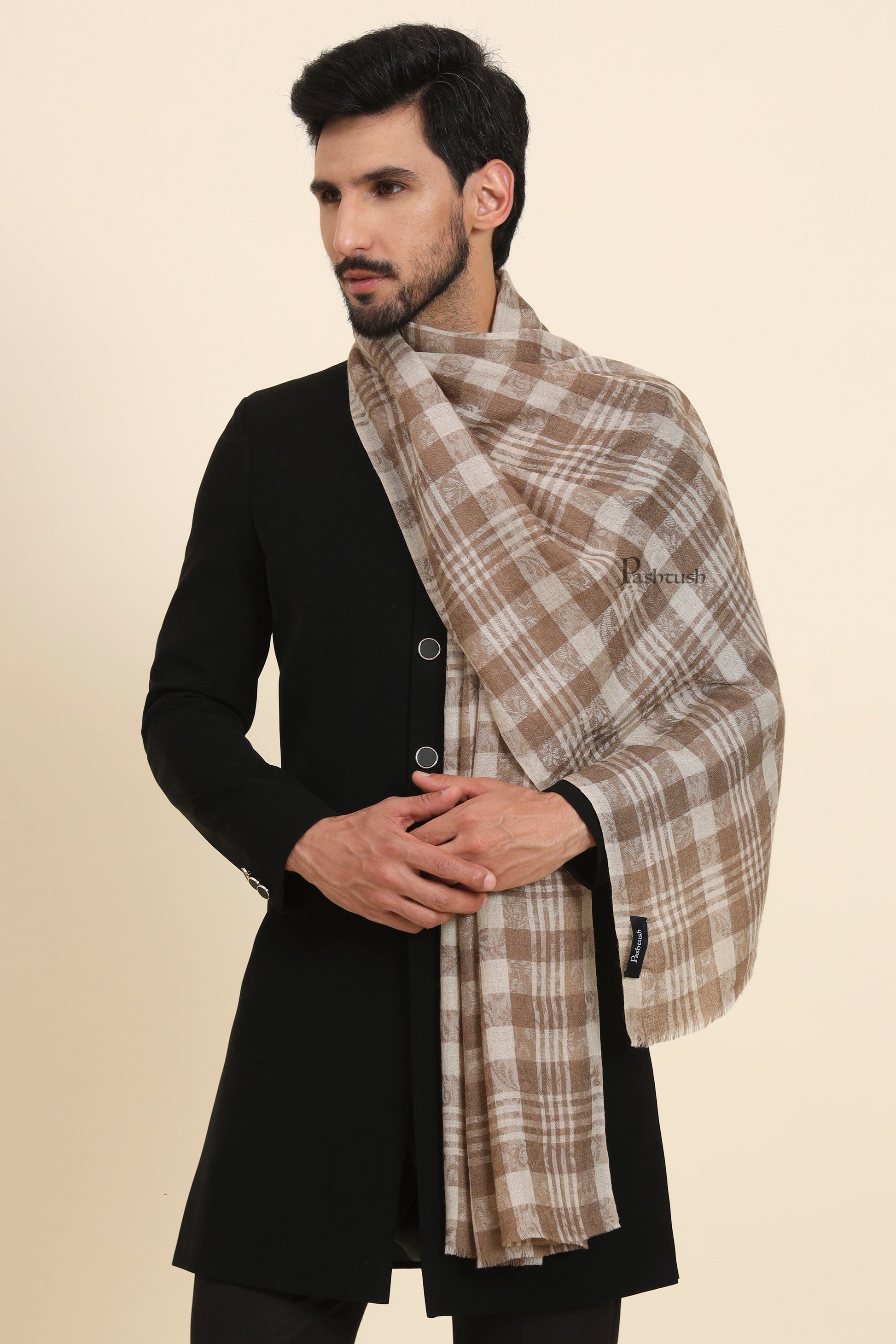 Pashtush India Mens Scarves Stoles and Mufflers Pashtush Mens Extra Fine Wool Stole, Checkered Weave Design, Beige