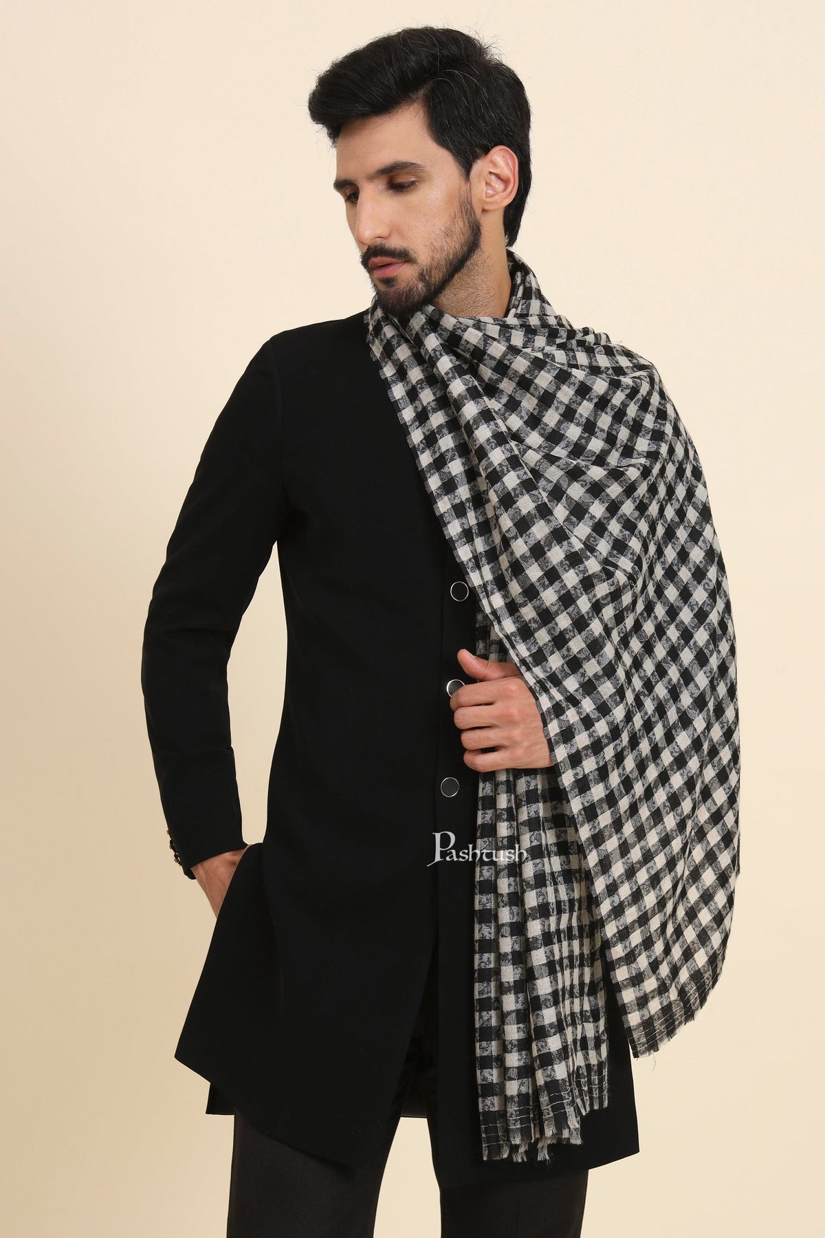 Pashtush India Mens Scarves Stoles and Mufflers Pashtush Mens Extra Fine Wool Stole, Checkered Weave Design, Black