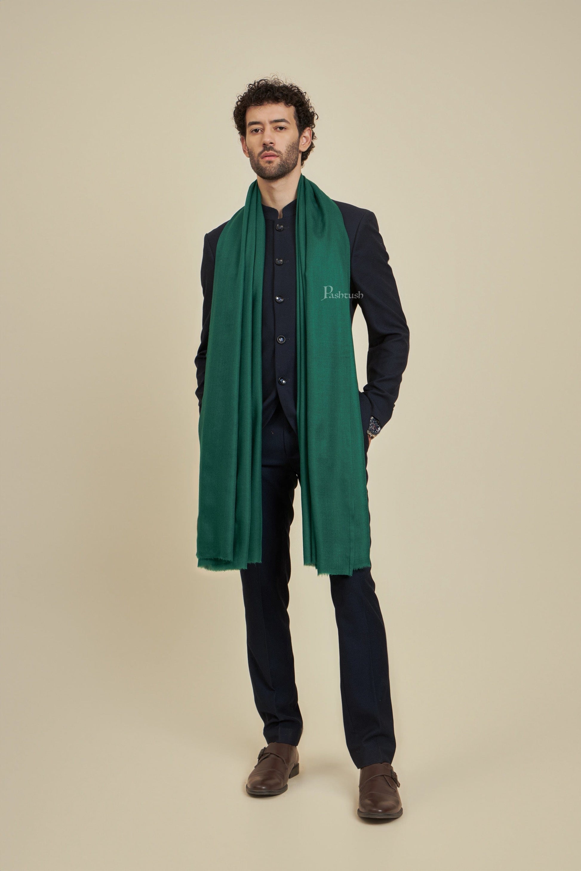 Pashtush India Mens Scarves Stoles and Mufflers Pashtush Mens Extra Fine Wool Stole,  Design, Bottle Green