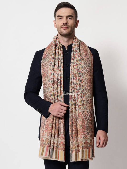 Pashtush India Mens Scarves Stoles and Mufflers Pashtush mens Extra Fine Wool stole, ethnic motifs design, Beige