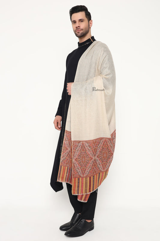 Pashtush India Mens Scarves Stoles and Mufflers Pashtush Mens Extra Fine Wool Stole, Ethnic Weave Design, Beige
