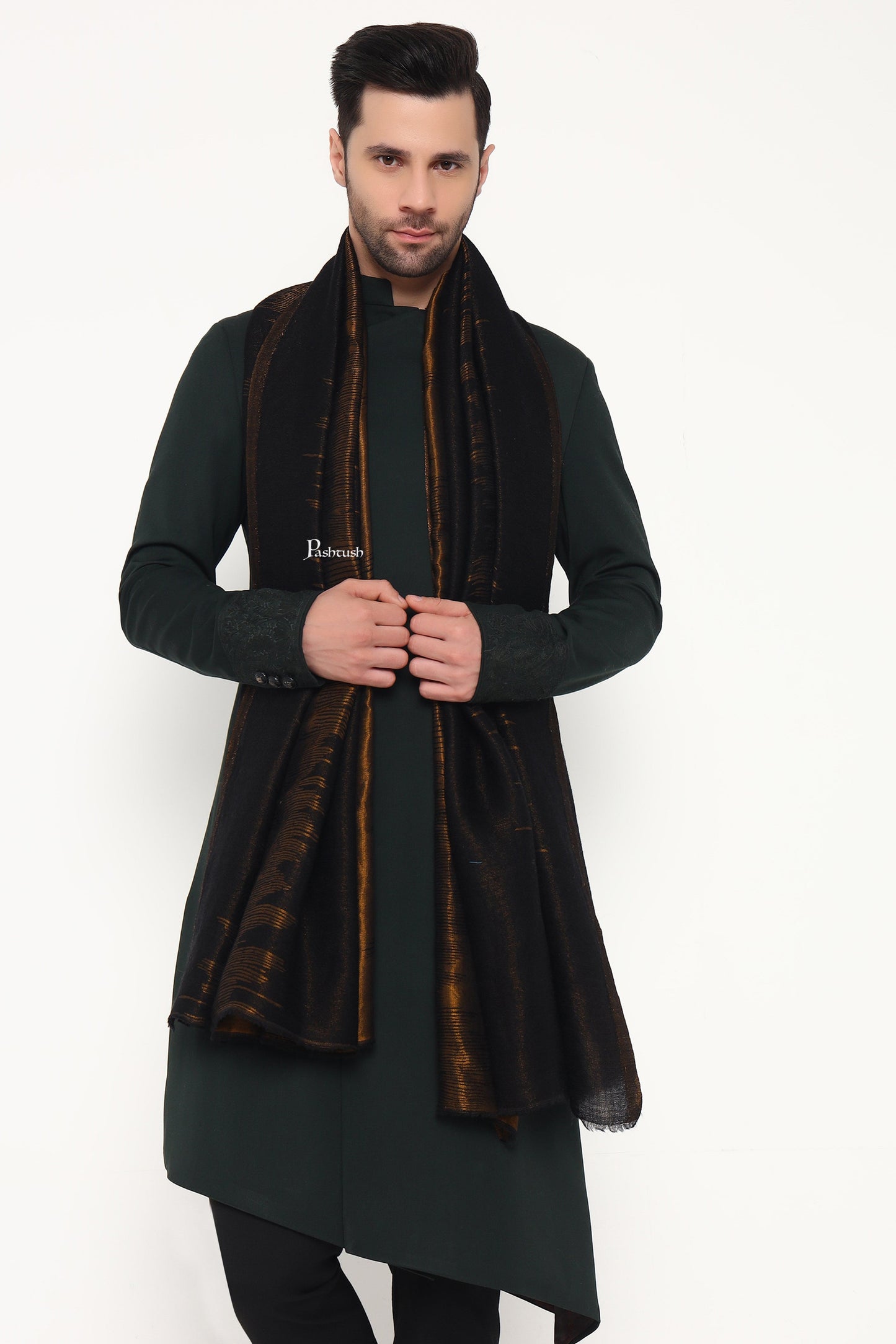 Pashtush India Mens Scarves Stoles and Mufflers Pashtush Mens Extra Fine Wool Stole, Ethnic Weave Design, Black