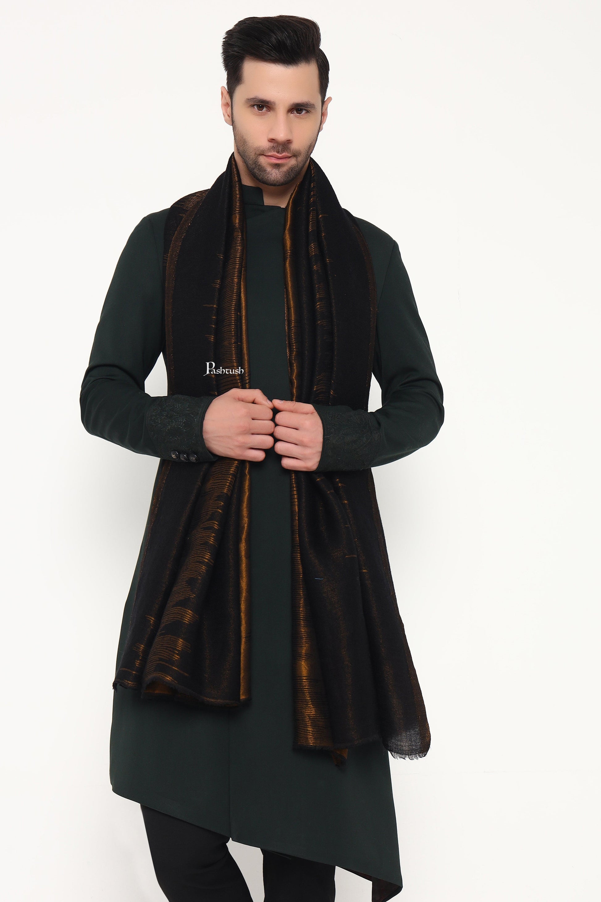 Pashtush India Mens Scarves Stoles and Mufflers Pashtush Mens Extra Fine Wool Stole, Ethnic Weave Design, Black