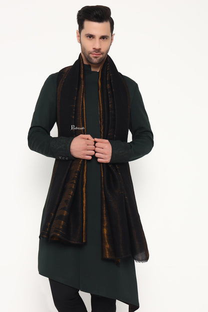 Pashtush India Mens Scarves Stoles and Mufflers Pashtush Mens Extra Fine Wool Stole, Ethnic Weave Design, Black