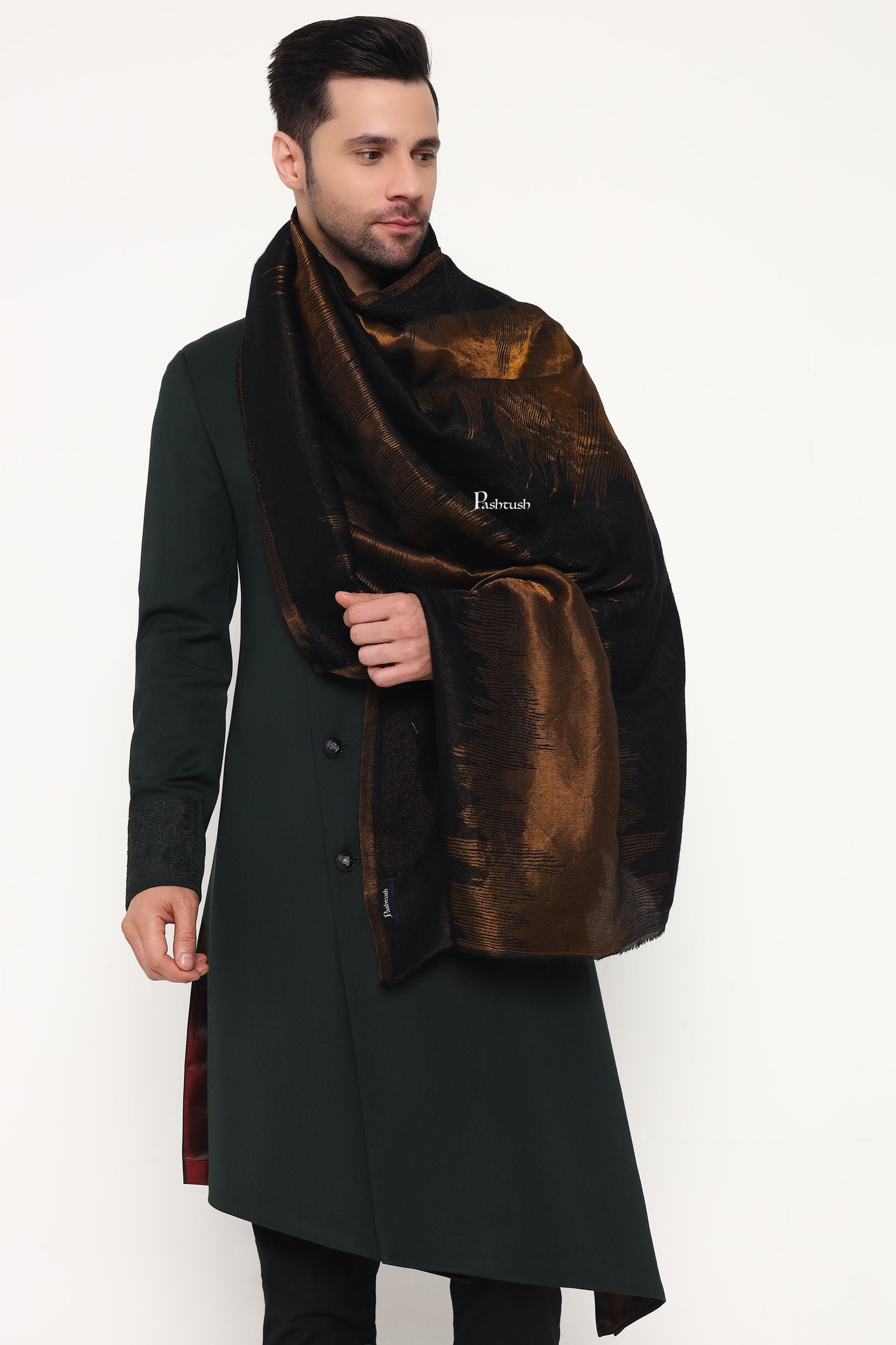 Pashtush India Mens Scarves Stoles and Mufflers Pashtush Mens Extra Fine Wool Stole, Ethnic Weave Design, Black