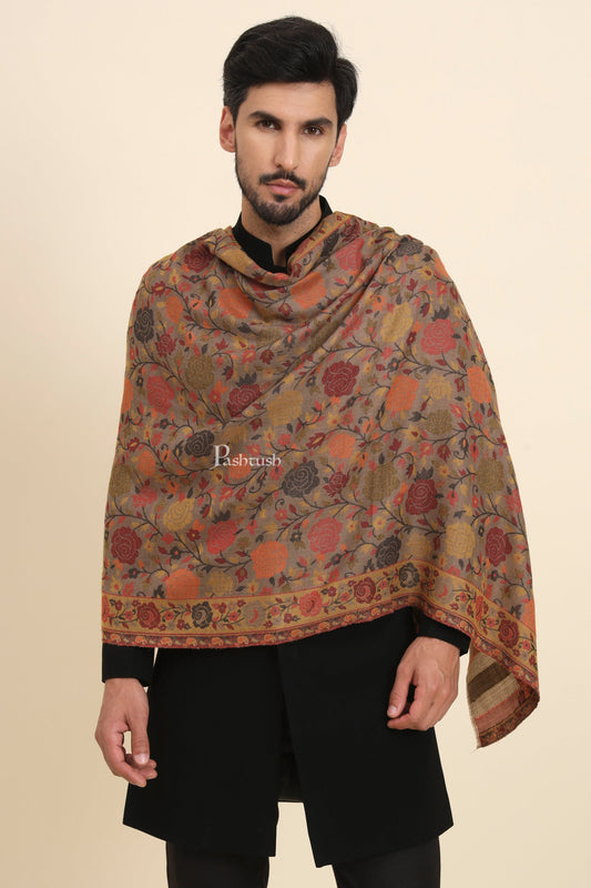 Pashtush India Mens Scarves Stoles and Mufflers Pashtush Mens Extra Fine Wool Stole, Gulabdar Woven Design, Taupe
