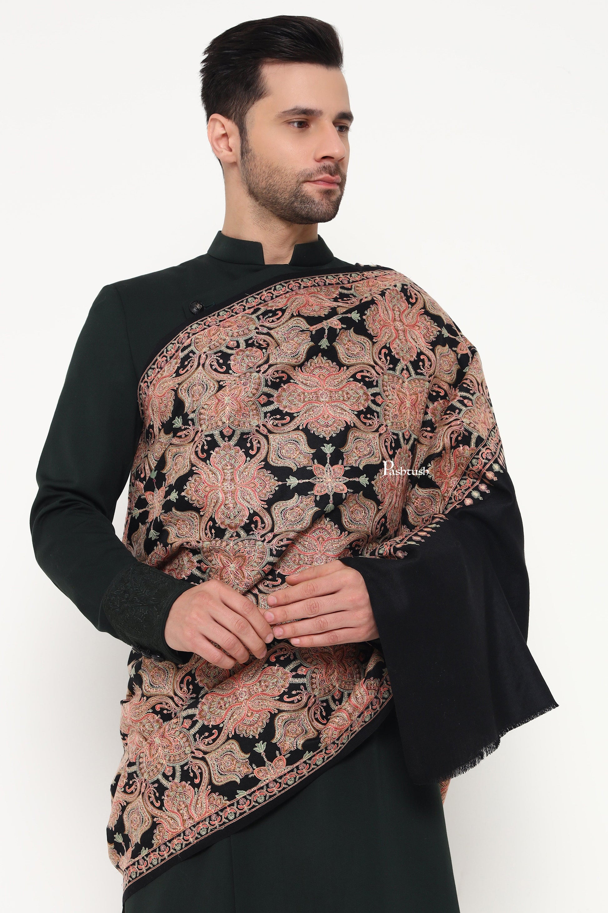 Pashtush India Mens Scarves Stoles and Mufflers Pashtush Mens Extra Fine Wool Stole, Heavy Jama Jaal Design, Black