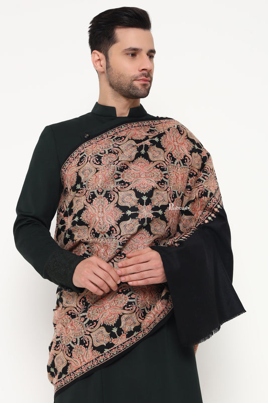 Pashtush India Mens Scarves Stoles and Mufflers Pashtush Mens Extra Fine Wool Stole, Heavy Jama Jaal Design, Black