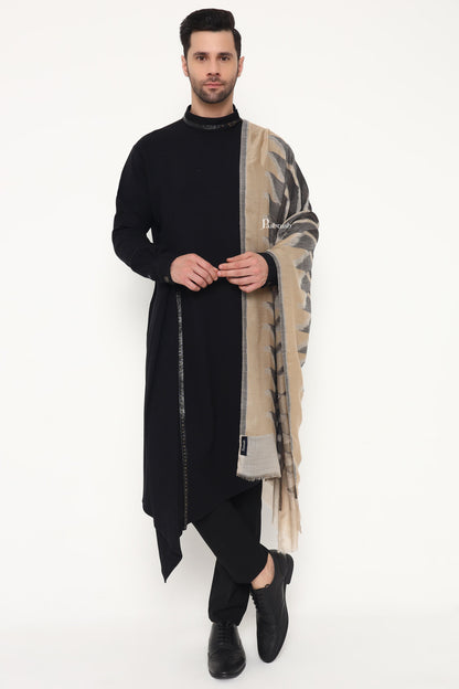 Pashtush India Mens Scarves Stoles and Mufflers Pashtush Mens Extra Fine Wool Stole, Ikkat Design, Beige